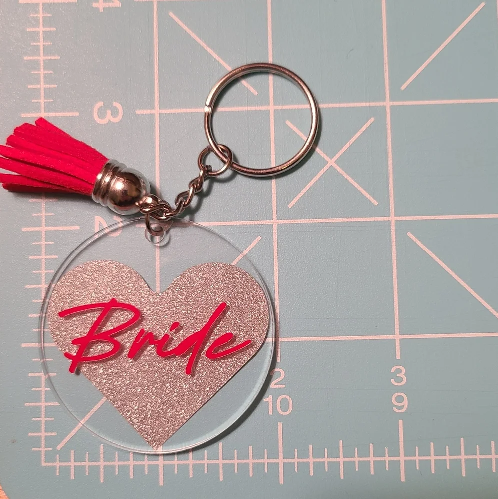 Bride Christmas ornament and matching Keychain set, red and silver glitter